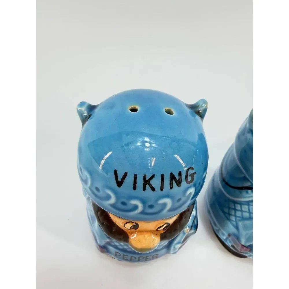 Vintage Viking Salt Pepper Shakers Japan Ceramic Blue Norse Figurines
